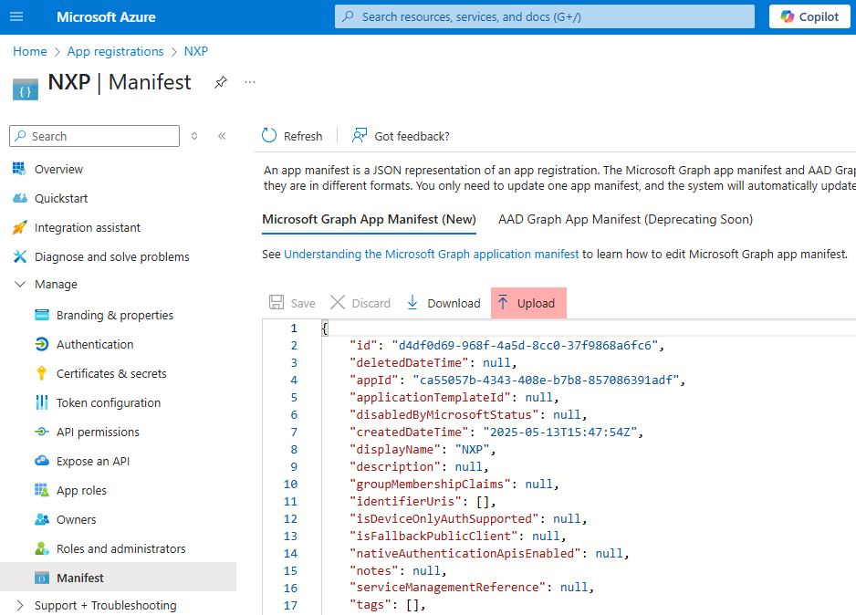 Microsoft Entra ID application manifest upload