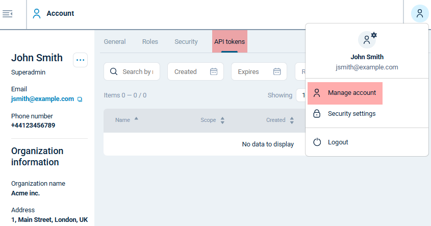 NXLog Platform API tokens view