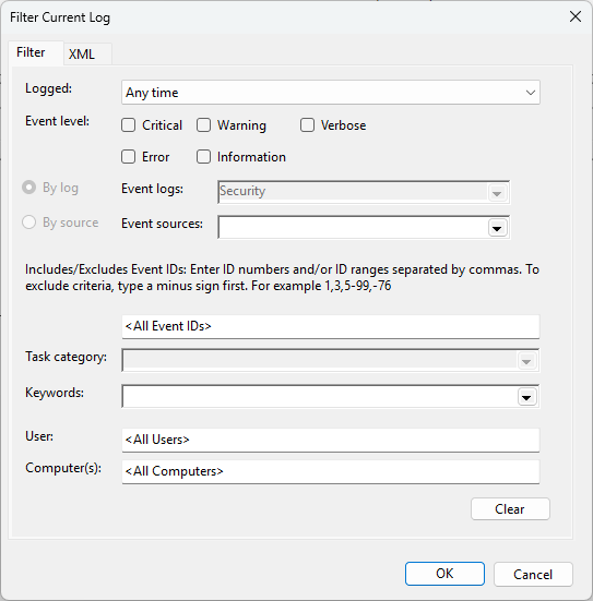 Filter Windows event logs