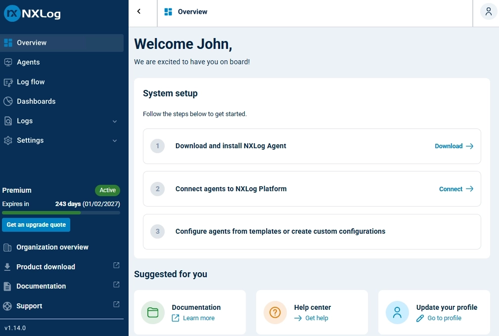 NXLog Platform welcome page
