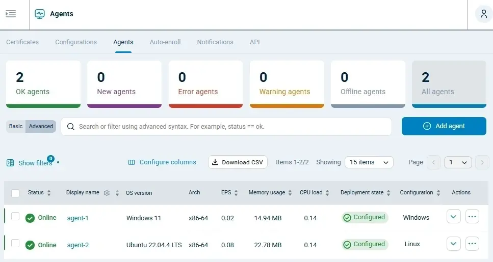 NXLog Platform Agents view