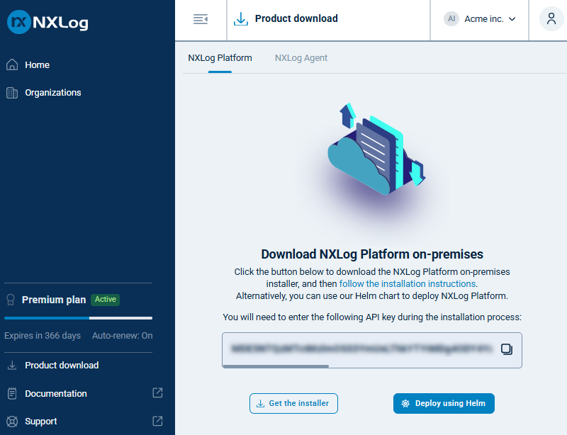 NXLog Platform on-premises download and API key