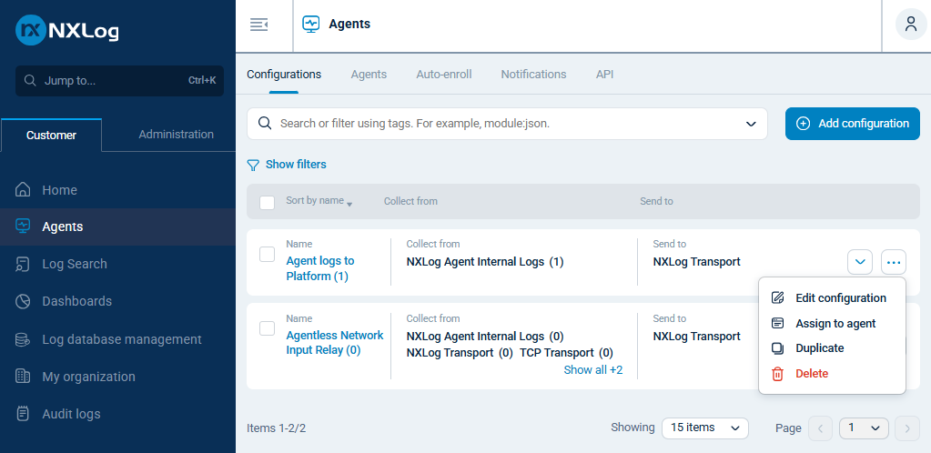 Deleting the built-in agent configurations