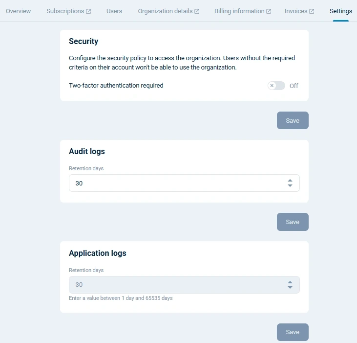 NXLog Platform organization settings