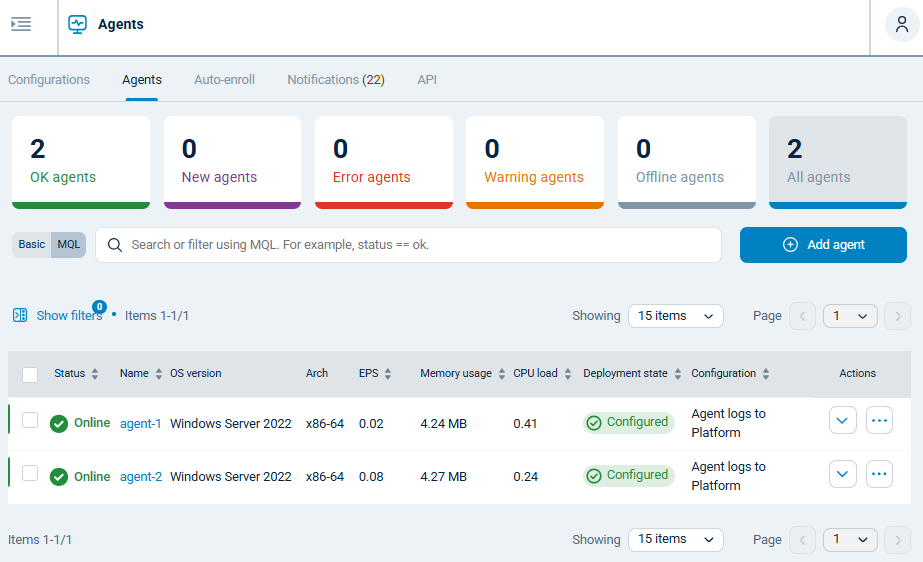 NXLog Platform Agents view