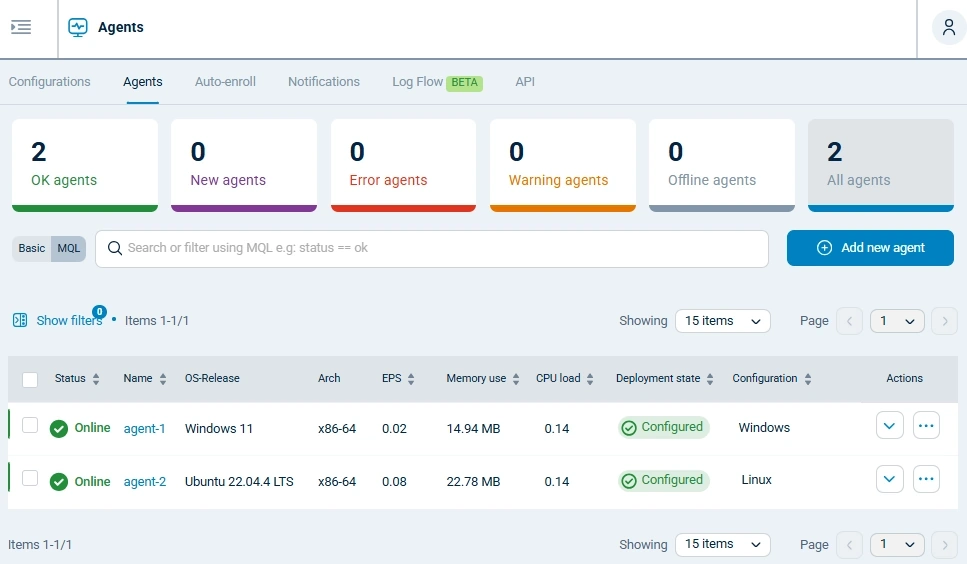 NXLog Platform agents list