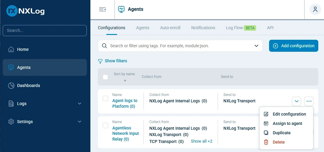 Deleting the built-in agent configurations
