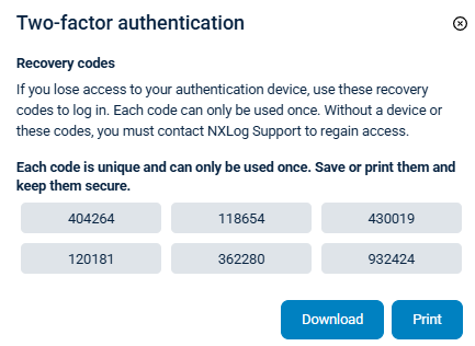 NXLog Platform two-factor authentication recovery codes