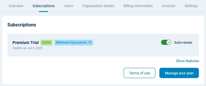 NXLog Platform subscriptions view