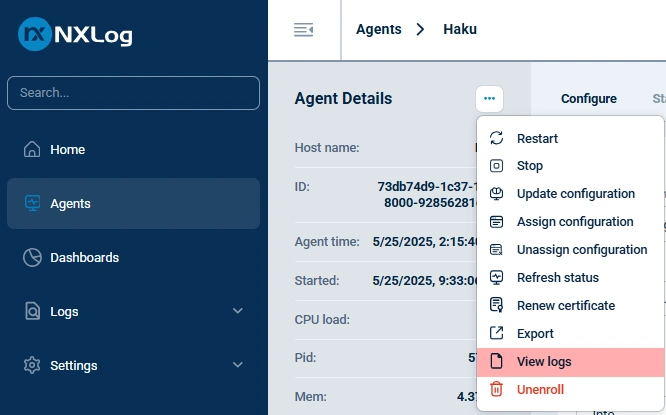 View logs from the agent details view