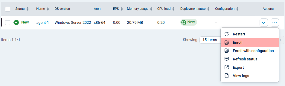 Enroll an NXLog Agent instance through the actions menu