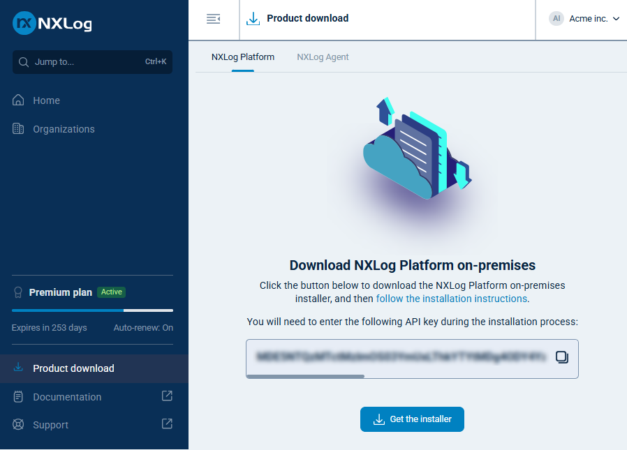 NXLog Platform on-premises download and API key