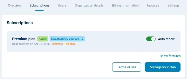 NXLog Platform subscriptions view