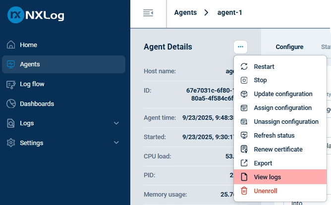 View logs from the agent details view